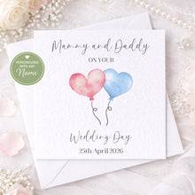 Load image into Gallery viewer, Personalised Mummy and Daddy wedding day card with pink and blue heart balloons