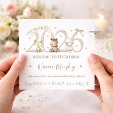 Load image into Gallery viewer, Personalised Born in 2026 new baby card with farm animals, birth details and welcome to the world message