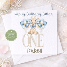 Load image into Gallery viewer, Personalised baby giraffe birthday card, Happy Birthday Age One with name