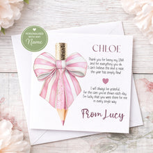 Load image into Gallery viewer, Coquette Bow Pencil Teacher/SNA Card