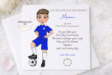 Load image into Gallery viewer, Communion Figure Personalised Card - SOCCER BLUE
