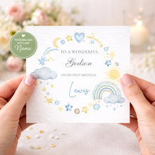 Load image into Gallery viewer, First Birthday Card - Blue toy wreath