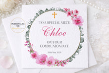 Load image into Gallery viewer, Personalized Confirmation/Communion Day Card – Full Floral Wreath