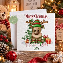 Load image into Gallery viewer, Personalised Christmas card for grandson, nephew, brother or son with festive reindeer design