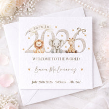 Load image into Gallery viewer, Personalised Born in 2026 New Baby Card – Farm Animals or Safari Animals