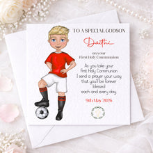 Load image into Gallery viewer, Communion Figure Personalised Card - SOCCER RED