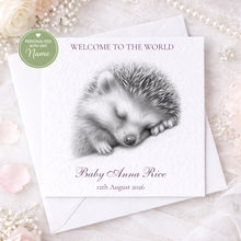 Load image into Gallery viewer, Personalised new baby greeting card with sleeping hedgehog illustration