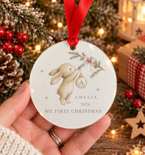Load image into Gallery viewer, Personalised baby's first Christmas acrylic decoration with bunny design