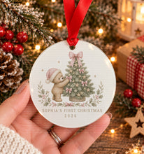 Load image into Gallery viewer, Personalised baby's first Christmas acrylic decoration with pink teddy and Christmas tree design