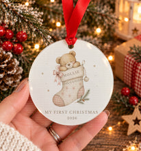 Load image into Gallery viewer, Personalised baby's first Christmas acrylic decoration with teddy bear stocking design