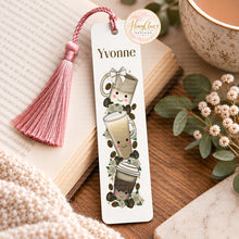 Load image into Gallery viewer, Personalised matching coffee-themed bookmark with tassel