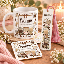 Load image into Gallery viewer, Personalised coffee mug, coaster and bookmark matching gift set