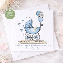 Load image into Gallery viewer, Personalised new baby boy card for first grandchild with blue pram design