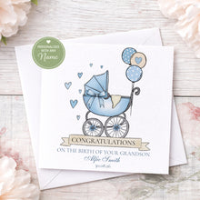 Load image into Gallery viewer, Personalised new baby boy card for grandson with blue pram design
