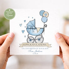 Load image into Gallery viewer, Personalised new baby boy card for son with blue pram design