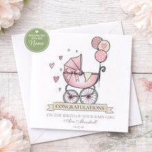 Load image into Gallery viewer, Personalised new baby girl card with pink pram design