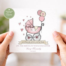 Load image into Gallery viewer, Personalised new baby girl card for daughter with pink pram design