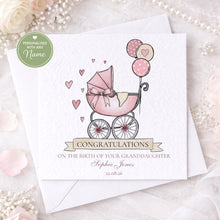 Load image into Gallery viewer, Personalised new baby girl card for granddaughter with pink pram design