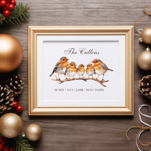 Load image into Gallery viewer, Christmas robin family personalised print in gold frame