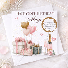 Load image into Gallery viewer, Personalised 50th birthday scratch card example with a show ticket surprise