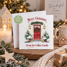 Load image into Gallery viewer, Personalised Christmas card with watercolour red front door, Christmas wreath and From The Collins Family wording