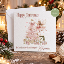 Load image into Gallery viewer, Personalised Christmas card for granddaughter featuring a pink Christmas fairy and tree