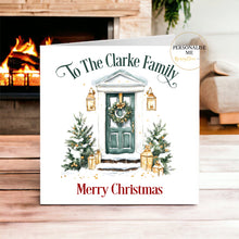 Load image into Gallery viewer, Personalised Christmas card with watercolour green front door, Christmas wreath and family wording