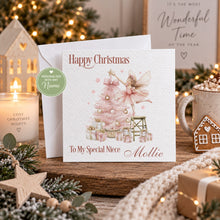 Load image into Gallery viewer, Personalised Christmas card for niece featuring a pink Christmas fairy and tree