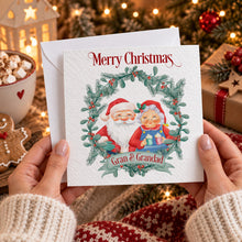 Load image into Gallery viewer, Personalised Christmas card for Gran and Grandad with Santa and Mrs Claus