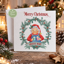 Load image into Gallery viewer, Personalised Christmas card for Granny with festive grandmother illustration