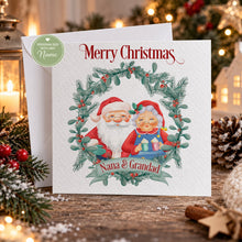 Load image into Gallery viewer, Personalised Christmas card for Nana and Grandad with Santa and Mrs Claus