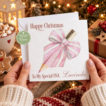 Load image into Gallery viewer, Personalised Christmas SNA card with pink pencil bow and personalised name