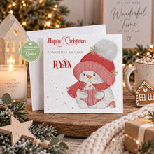 Load image into Gallery viewer, Personalised Christmas card featuring a snowman in a red hat and scarf