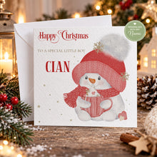 Load image into Gallery viewer, Personalised Christmas card for a special little boy featuring a snowman