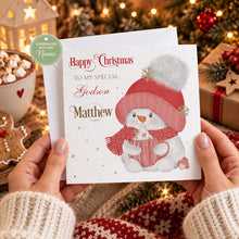 Load image into Gallery viewer, Personalised Christmas card for a special godson featuring a snowman