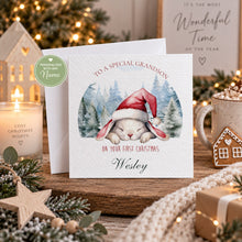 Load image into Gallery viewer, Personalised first Christmas card for grandson featuring a Christmas bunny