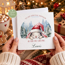 Load image into Gallery viewer, Personalised first Christmas card for nephew featuring a Christmas bunny