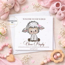 Load image into Gallery viewer, Personalised baby daughter lamb new baby greeting card in pink