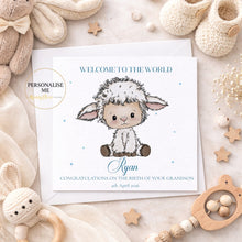Load image into Gallery viewer, Personalised grandson lamb new baby greeting card in blue
