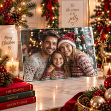 Load image into Gallery viewer, Personalised photo printed glass chopping and display board showing a couple's Christmas photo