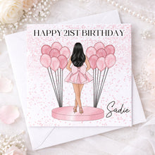 Load image into Gallery viewer, Personalised pink balloon birthday card held in hands