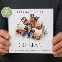 Load image into Gallery viewer, Personalised plumbing apprenticeship congratulations card for a graduate