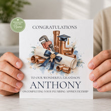 Load image into Gallery viewer, Personalised plumbing apprenticeship graduation card for grandson