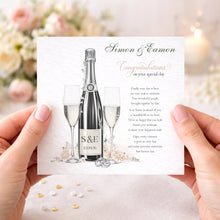 Load image into Gallery viewer, Handheld personalised wedding congratulations card with champagne design