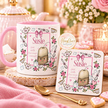 Load image into Gallery viewer, Personalised pink tea-themed mug with matching coaster, showing custom name and wording
