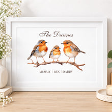 Load image into Gallery viewer, Personalised family robin print in white frame