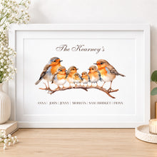 Load image into Gallery viewer, Personalised Christmas robin family print with six robins