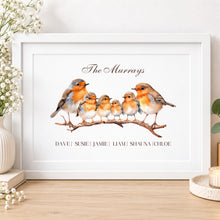 Load image into Gallery viewer, Personalised family robin print with four robins