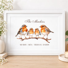 Load image into Gallery viewer, Personalised Christmas robin family print with five robins