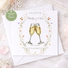 Load image into Gallery viewer, Personalised Sláinte engagement card with champagne glasses and floral border
